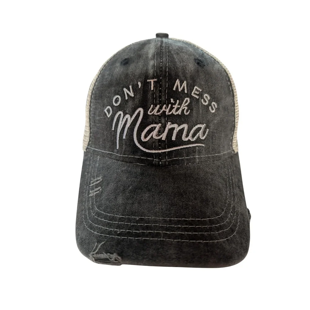 Dont Mess With Mama Charcoal Distressed High Ponytail Trucker Hat Gray Tan